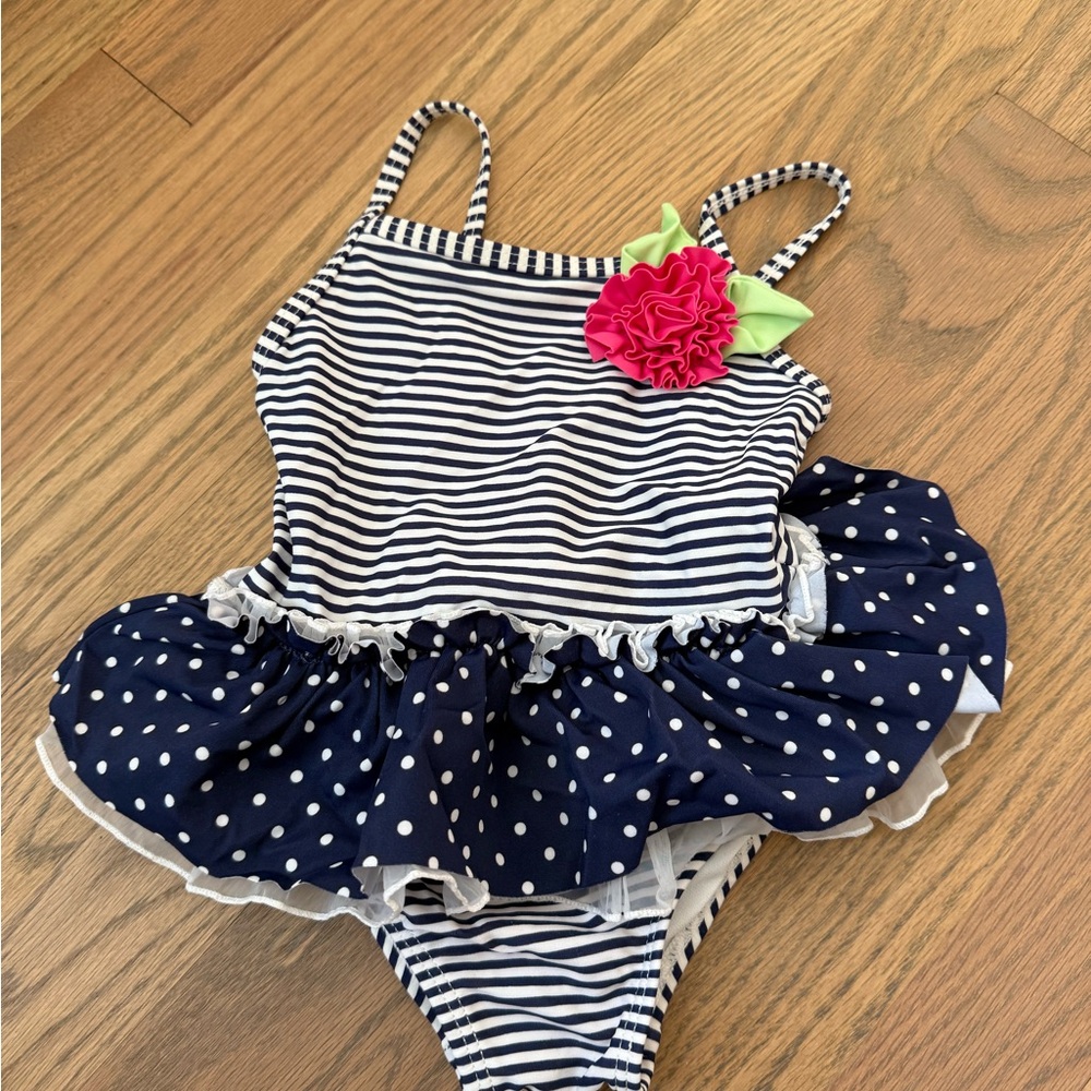 Little Me Navy Striped Kids Swimsuit with Pink Flower